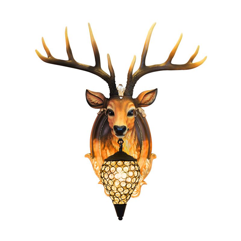 Resin Deer Shape Wall Mounted Light Cottage 1 Bulb Drawing Room Wall Sconce with Hand-Cut Crystal Shade in White/Beige/Orange