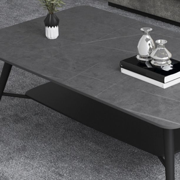Cross Legs Rectangular Slate Coffee Cocktail Table in Gray with Shelf