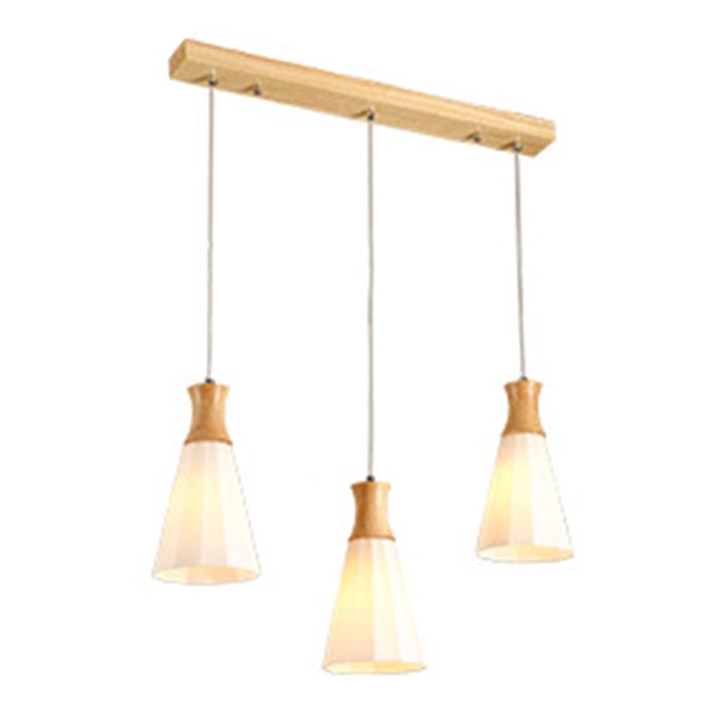 Nordic 3 Lights Pendant Wood Geometric Hanging Light Fixture with White Glass Shade