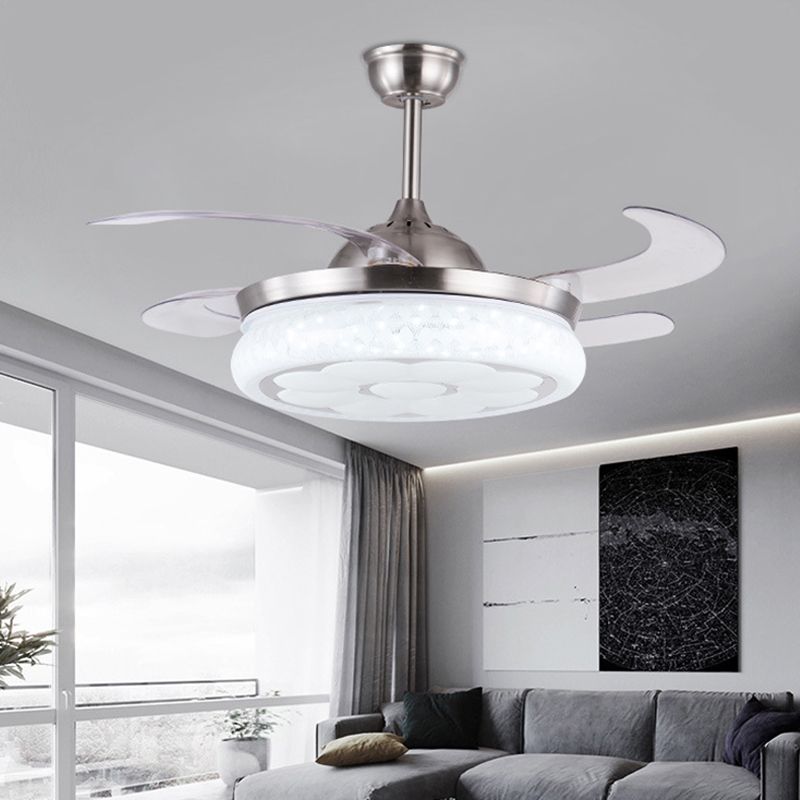 42 "W modernistische cirkel hangende ventilator licht led metaal semi -spoelbevestiging plafond armatuur in zilver met 4 messen, afstandsbediening/afstandsbediening en wandregeling/frequentieconversie en afstandsbediening