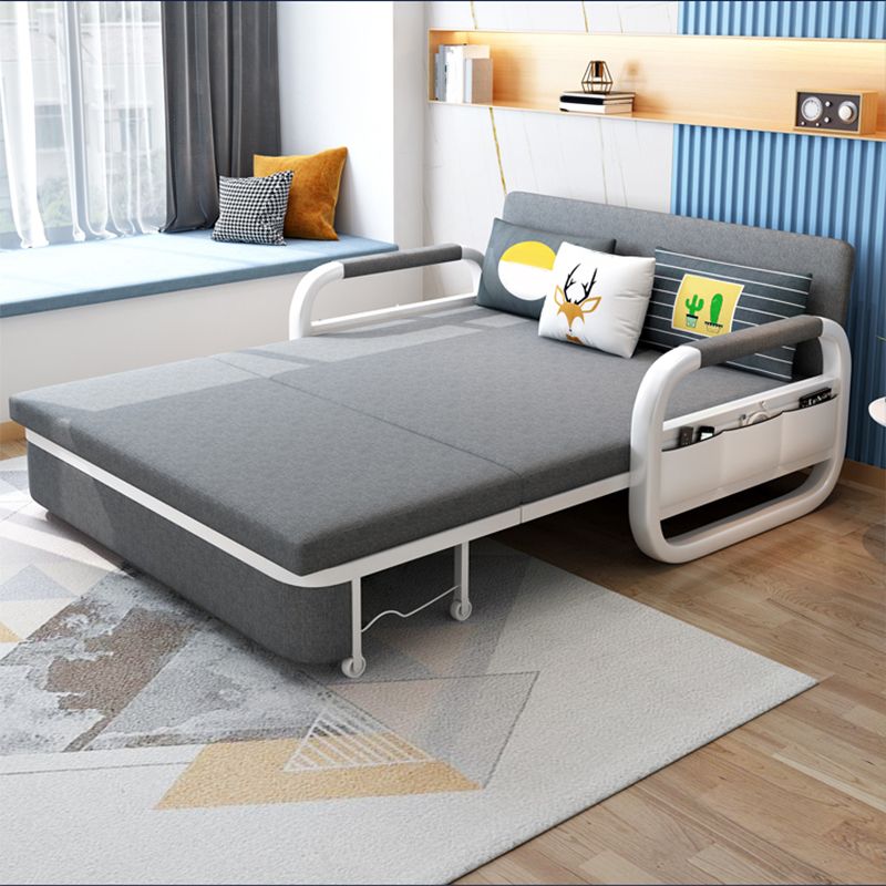 Linen Convertible Sofa Bed in Grey with Square Arms and Storage