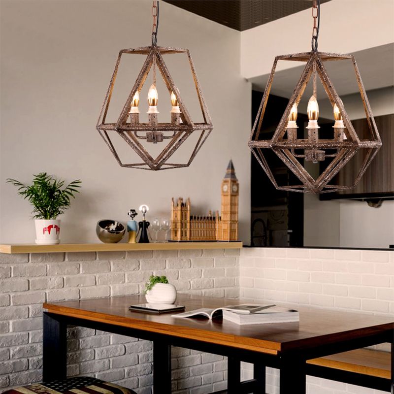 Rust Geometric Pendant Lighting Classic Metal 3 Lights Dining Room Chandelier with Candle Shade