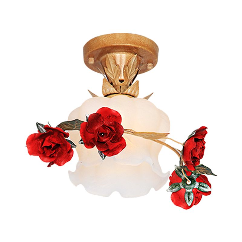 1 Light Bloom Semi Flush Mount Pastoral Style Brown Milky Glass Close to Ceiling Lighting Fixture