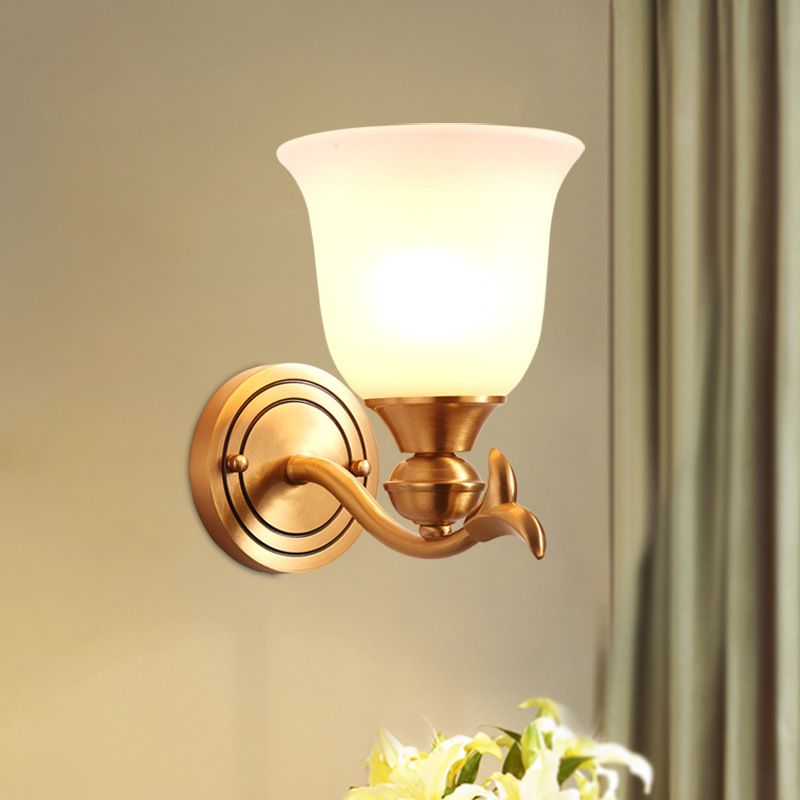 Brass Finish 1/2-Head Wall Lamp Modern Stylish White Glass Flared Shade Wall Sconce Fixture for Bedroom