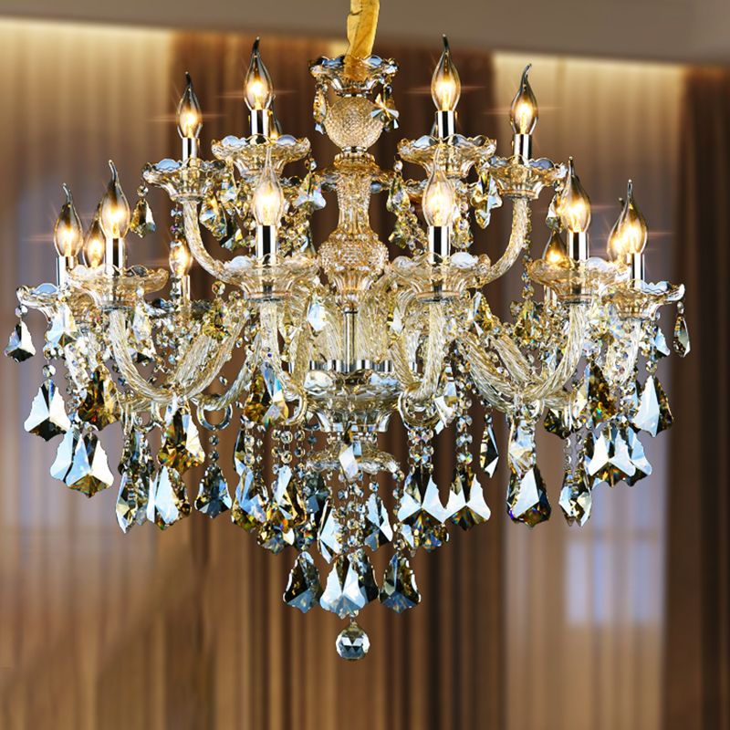Gold Beveled K9 Crystal Suspension Lamp Candelabra Traditional Style Ceiling Lamp for Bedroom