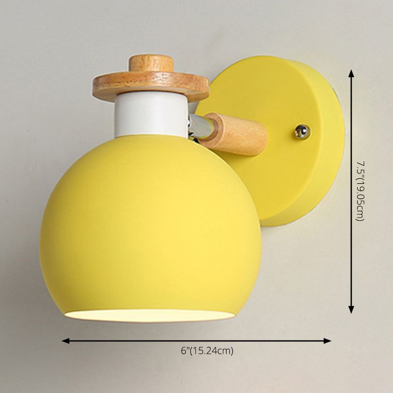 Metal Macaroon Globe Wall Lamp Single Bulb Nordic Wooden Mini Bedside Lamp with Adjustable Arm
