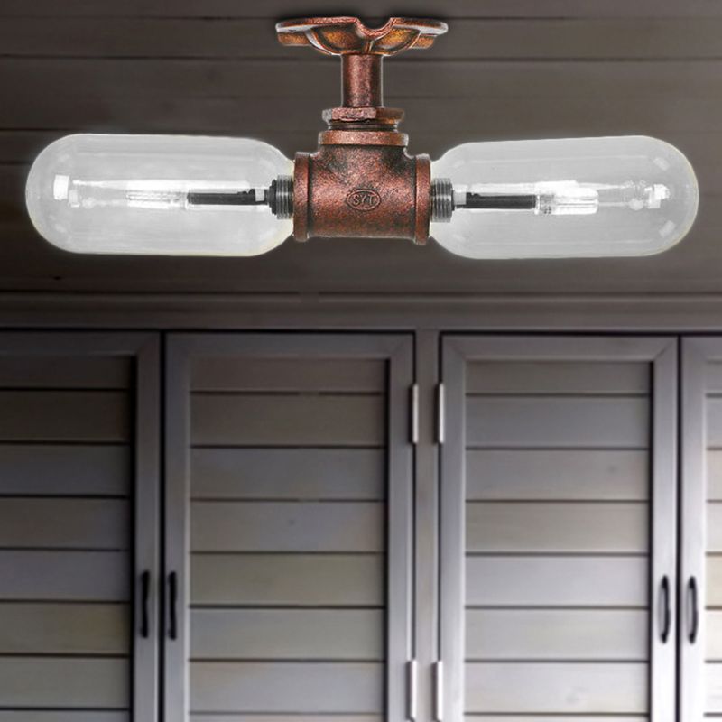Capsule Shade Living Room Semi Flush Light Vintage Clear Glass 2 - Light Weathered Copper Soffitto Illuminazione con Pipe Design