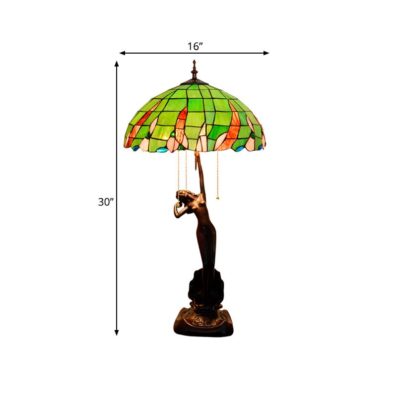 Caffè ballerino ballerino comodino leggero tiffany 3 lampadine in resina a catena a catena con tonalità in vetro verde