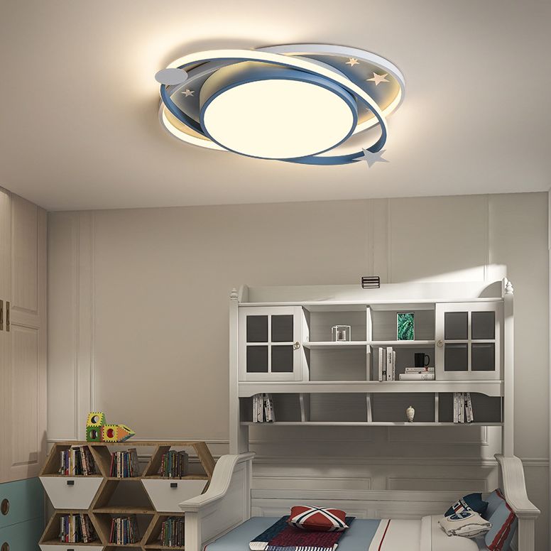 Nordic Metal Flush Mount Light Fixture Saturn Flush Mount Spotlight with White Acrylic Shade for Kids Bedroom
