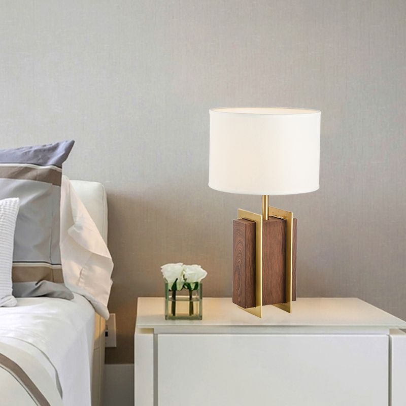 Lampe de bureau rectangulaire en métal, lampe de table moderniste en tissu à 1 tête en or avec détails en bois