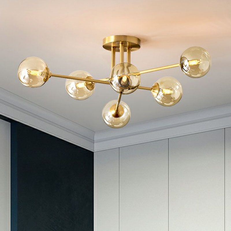 Spherical Dining Room Ceiling Fixture Amber Glass Postmodern Semi Flush Mount Lighting in Gold