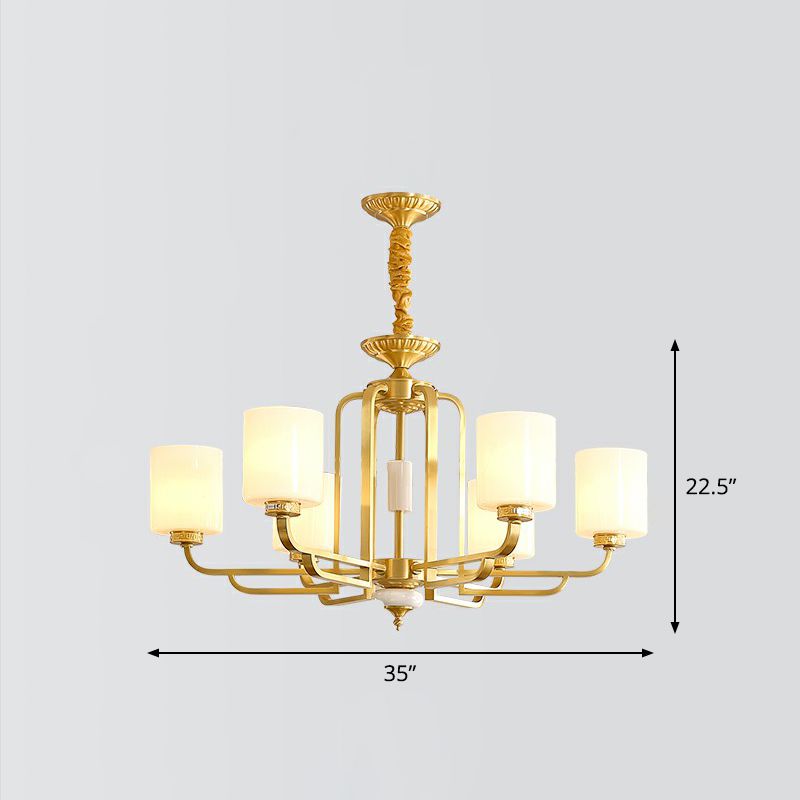 Traditional Cylinder Chandelier Milky Glass Ceiling Hang Light in Brass for Living Room
