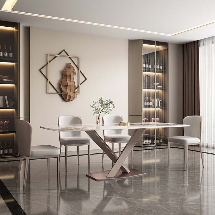 Glam Style Sintered Stone Table Rectangle Table with Metal Legs for Home Use