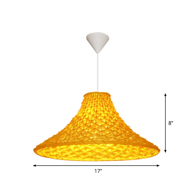 Rattan Wide Flared Drop Pendant Light Asian 1-Head Light Yellow Suspension Lamp for Living Room