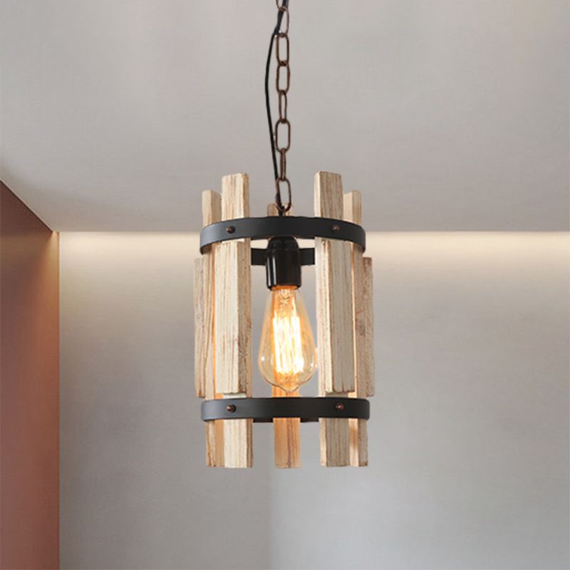 Round Metallic Pendant Lamp Rustic 1 Bulb Parlor Suspension Lamp with Cylindrical Wooden Frame in Wood/White