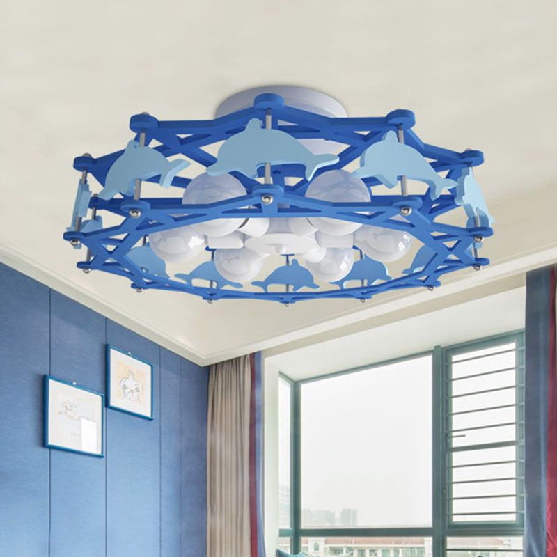 Dolphin Kindergarten Ceiling Light Metal 6 Bulbs Cartoon Semi Flush Mount Lighting in Blue