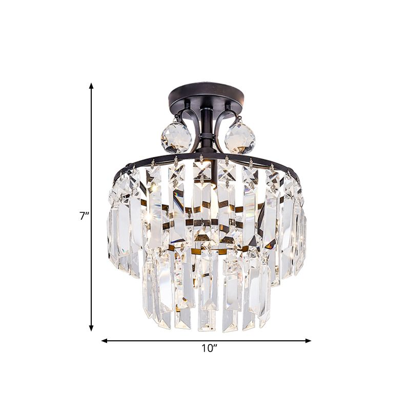 1-Light Semi Mount Lighting Rectangular-Cut Crystal Modern Hallway Ceiling Lamp with 2-Tier Round Shade