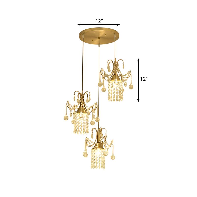 Cilindro a soffitto a soffitto modernista goccia cristallo modernista 3 luci sala da pranzo ciondolo in ottone