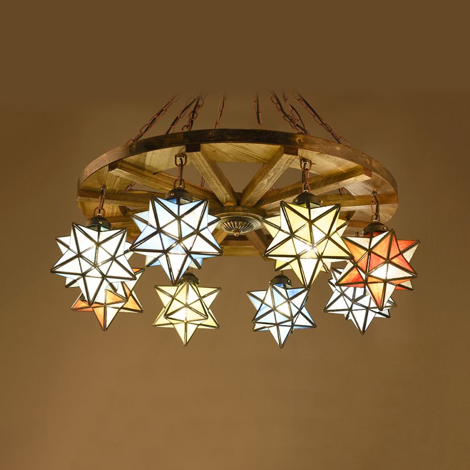 Brass Wheel Pendant Light with Stained Glass Star Shade Rustic Chandelier Lighting for Foyer