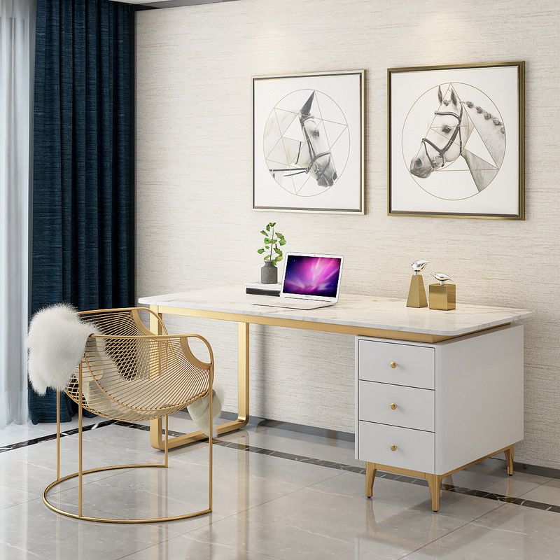 Artificial Marble Office Desk Glam Style Writing Desk with 3-drawer