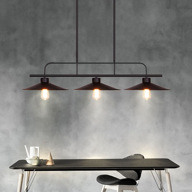 3 Lights Flared Hanging Lamp Industrial Black Finish Metal Island Light Fixture for Restaurant