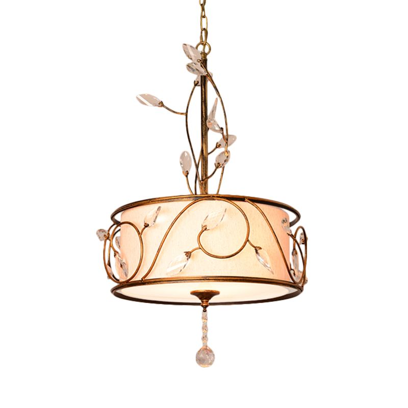 Iron Gold Ceiling Chandelier 16"/19.5" Dia 3-Light Round Antique Suspension Pendant with Crystal Accent and Fabric Shade