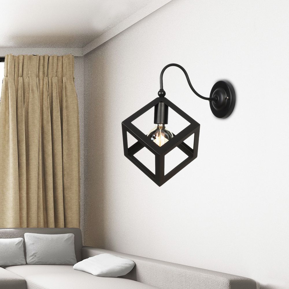 Cube Cage Bedroom Wall Lighting Vintage Metal 1 Bulb Black/Rust Finish Wall Sconce Lamp with Gooseneck Arm