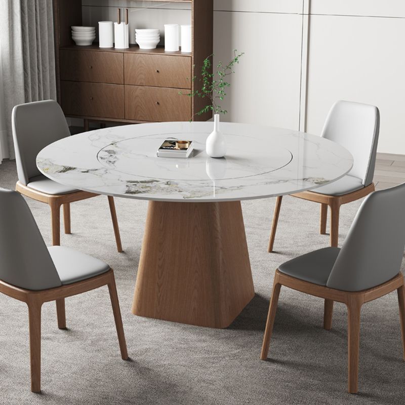 Modern Stone White Dining Table Round Furniture with Solid Wood Pedestal Base