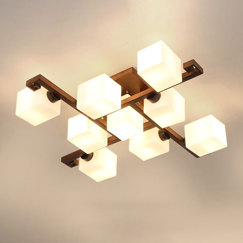 Brown Modern Wood Flush Mount Geometric Shape Ceiling Lamp with Acrylic Shade for Bedroom
