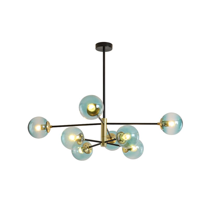 Lampadanismo a pendente a sospensione per soggiorno a 8 luci Modernismo in ottone sospeso con sfera di vetro blu con sfera