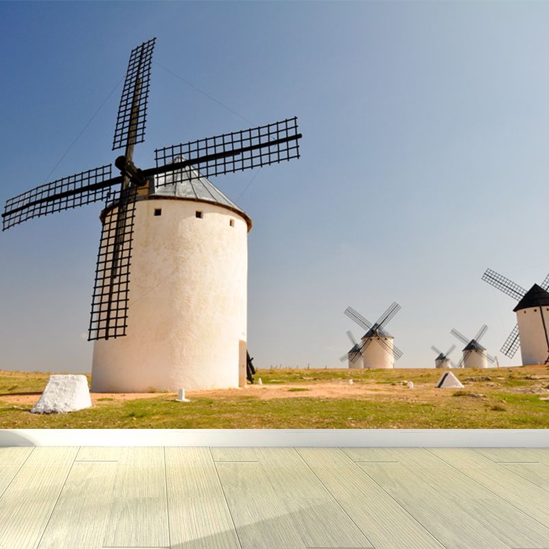 Romantic Windmill Scene Mural Decal for Girls Bedroom, Blue, Custom Size Available