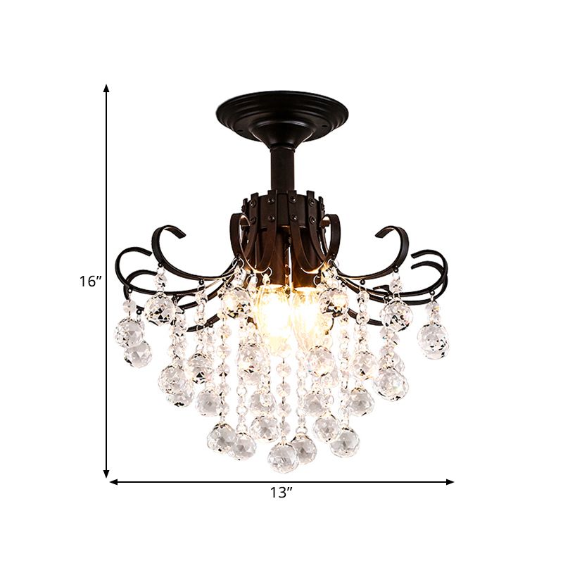 Crystal Ball Semi Flush Mount Light Modern 3 Heads Bedchamber Close to Ceiling Lamp in Black