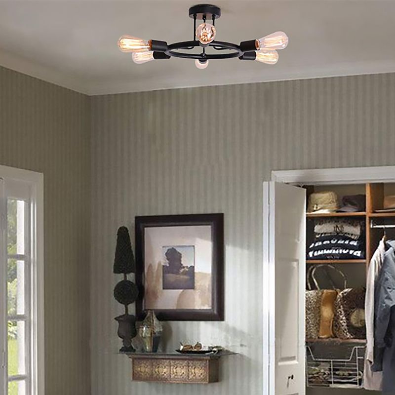 Bare Bulb Semi Flush Ceiling Light Mid Century Metallic 6 Heads Semi Mount Light in Brass/Black Finish