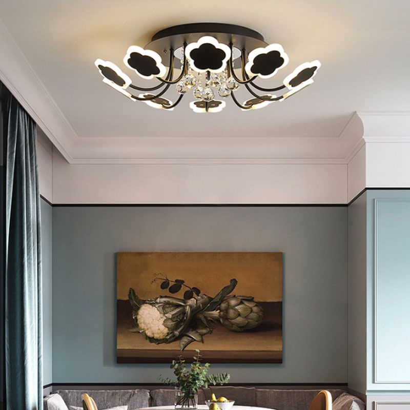 Petal-Shape Semi Mount Light Modern Acrylic 23"/27" W LED Black/White Ceiling Lamp with Clear Crystal Draping, Warm/White Light