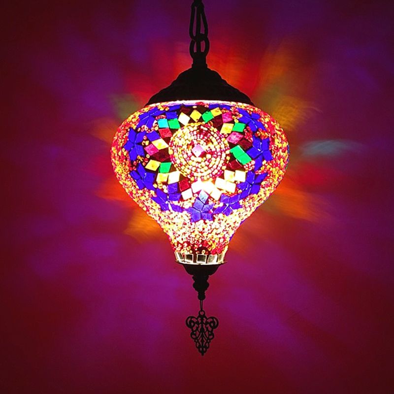 1/6 Bulbs Coffee House Suspension Pendant Tradition Bronze Hanging Light Kit with Droplet Colorful Glass Shade