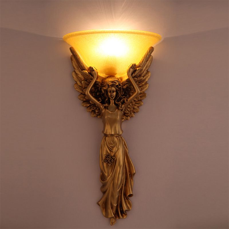 Amber Glass Bowl Wall Lamp Modern Style 1 Light Bedroom Wall Sconce Fixture with Gold/White Angel Design