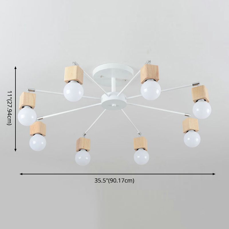 8-Lights Bare Bulb Simplicity Ceiling Light 35.5" Wide Modern Style Wooden Lighting Fixture in White