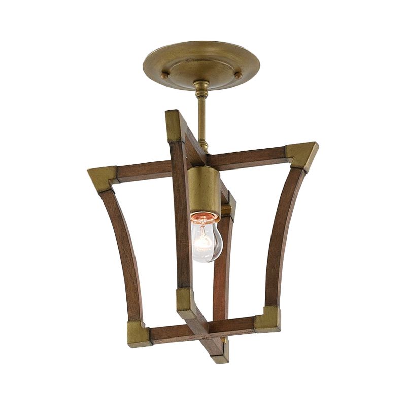 1-Bulb Semi Flush Ceiling Light Rustic Living Room Flush Mount with Wood Interlocking Trapezoid Cage in Brass