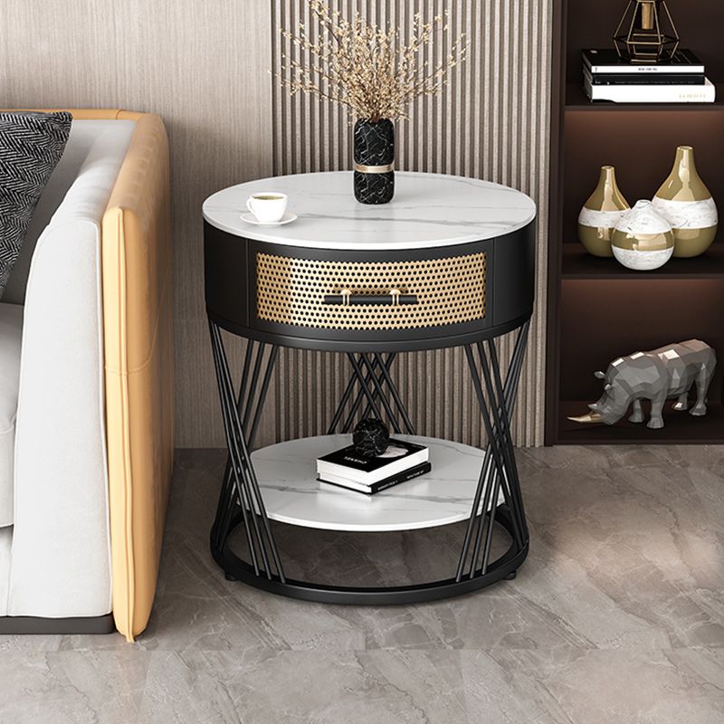 Drawer Side Accent Table Stone Top Metal Frame End Table with Shelf