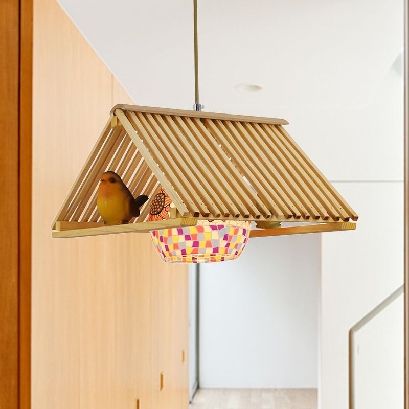 Roof Shaped Hanging Pendant Light Modern Style Wood 1/2-Head Beige Hanging Light Fixture, 16"/19.5" W