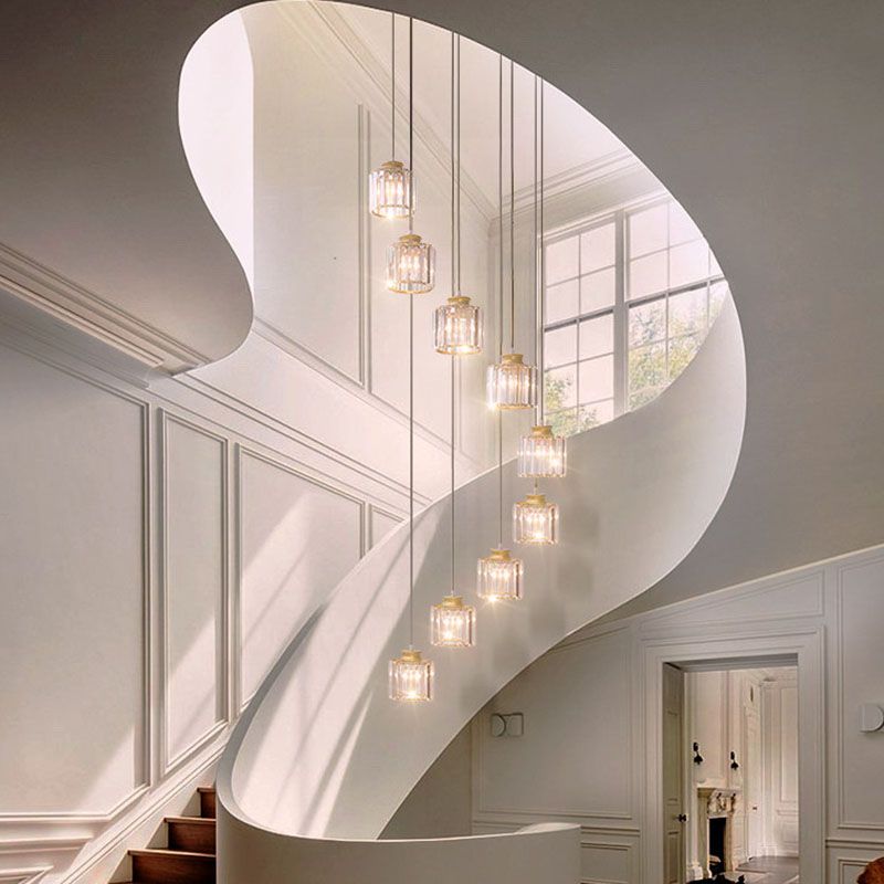 Spiral Cylinder Multi Ceiling Lamp Contemporary Prismatic Crystal Stairwell Suspension Light Fixture