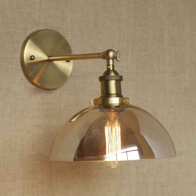One Bulb White/Clear/Amber Glass Sconce Light Fixture Industrial Brass Dome Living Room Wall Lamp