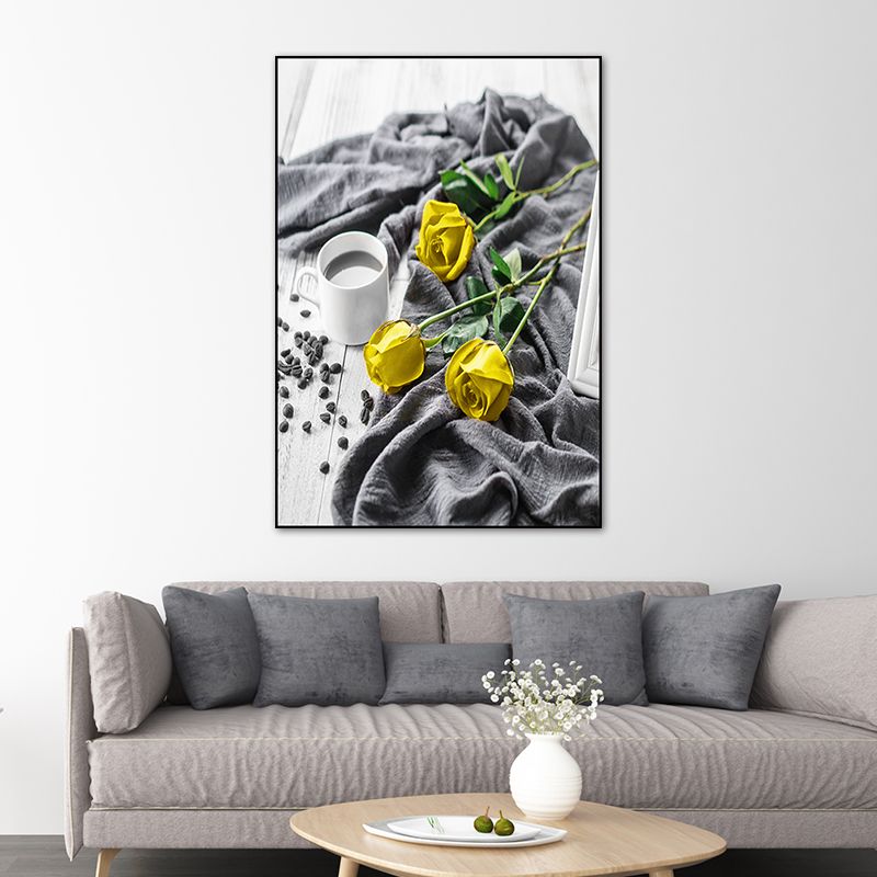 Yellow Rose and Coffee Canvas Still Life Modern Textured Wall Art for Dining Room