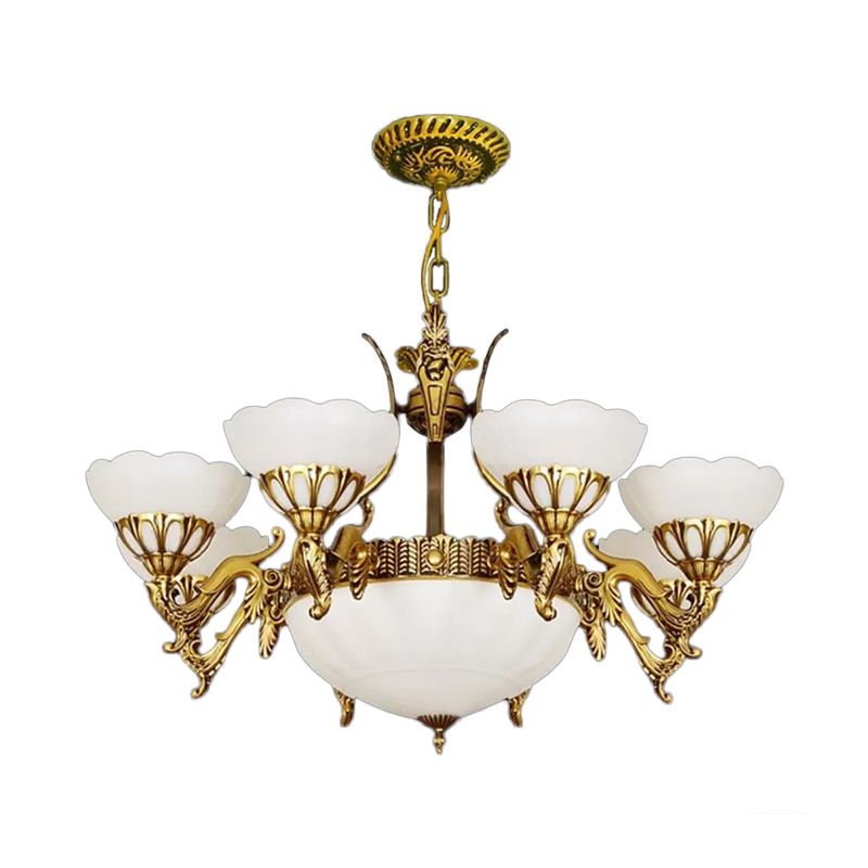 Messing 9 lichten hangende lichtkit traditionele melkglas geschulpte kroonluchter voor woonkamer