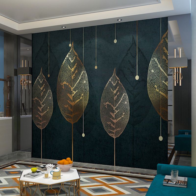 Leaf Wall Covering Living Room Personalized Mural Wallpaper in Blackish Green