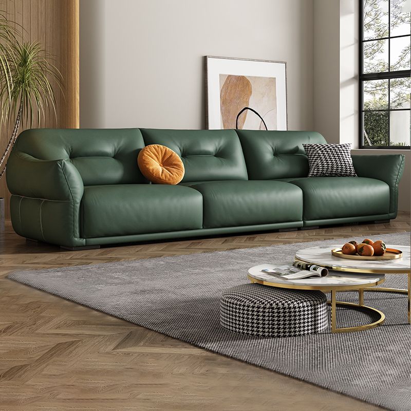 Contemporary Green Square Arm Genuine Leather Stationary Sofa