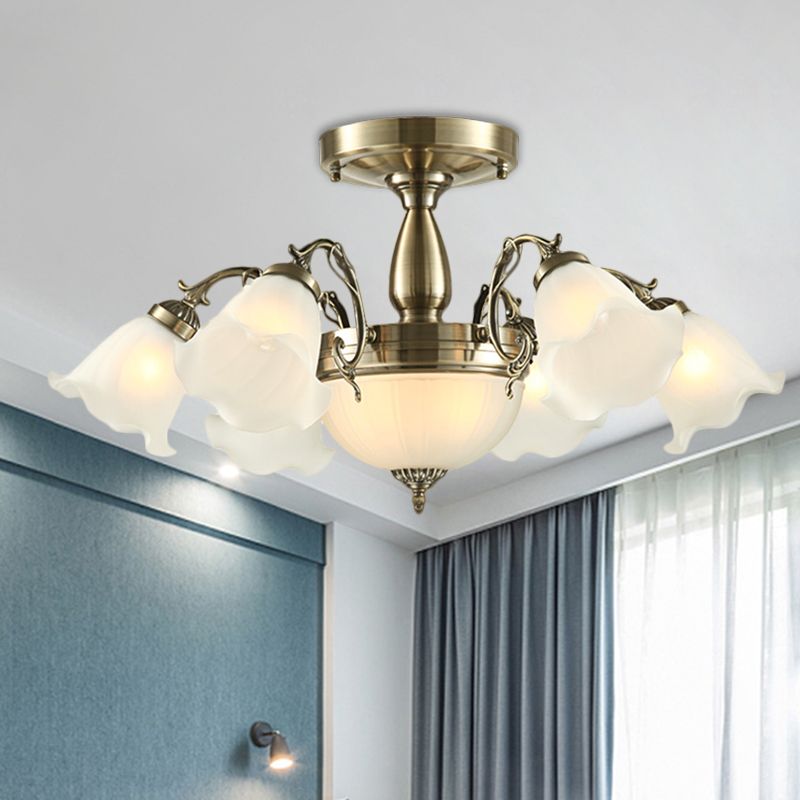 8 lampen Bloem Semi Montage Verlichtingsstijl Landelijke stijl Bronze/messing/koperen Melkglas dicht bij plafondlamp met schuifarm