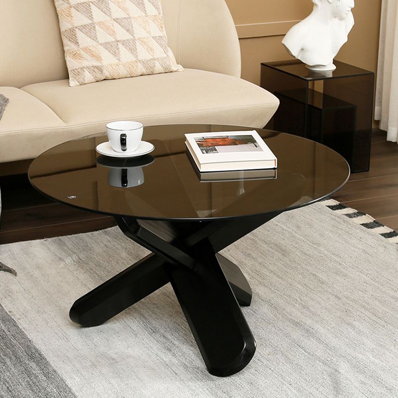 Modern Round Glass Coffee Table 17.7" H Cross Legs Cocktail Table