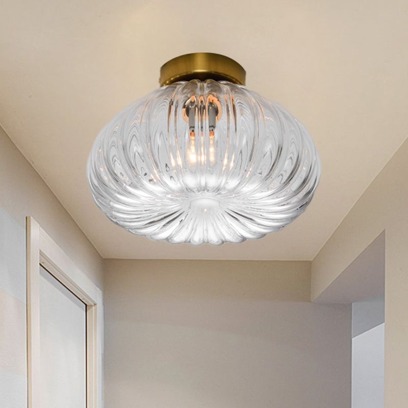 Modernist Spheroid Flush Mount Clear/Amber Ribbed Glass Single Head Corridor LED Ceiling Light Fixture, 5.5"/11" W