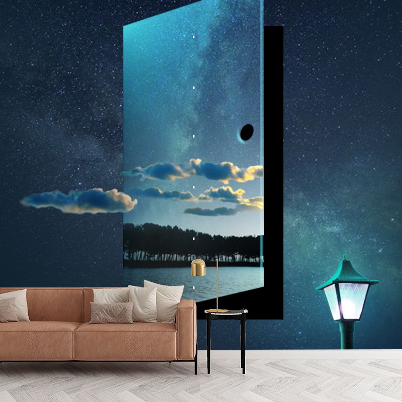 Futuristic Time Travel Murals Wallpaper Blue Non-Woven Fabric Wall Decor for Bedroom